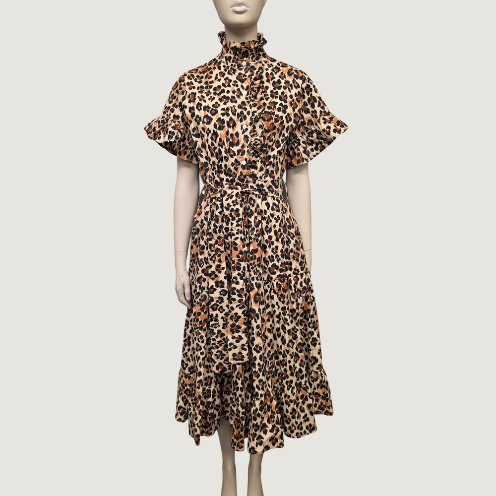 Mille Resort & Travel Leopard Print Ruffle Neck Tiered Midi Dress Pockets Belt
